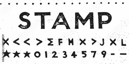 Fotografie Hand Drawn Stamp Typeface With Letters Numbers And Symbols On White
