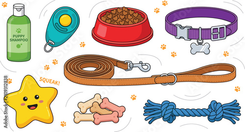 Vászonkép Puppy Care and Dog Accessories Line Vector Set Featuring Collar Leash Food Bowl