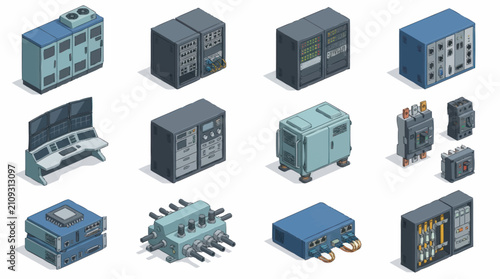 Isometric Industrial Control Panels and Electrical Components.