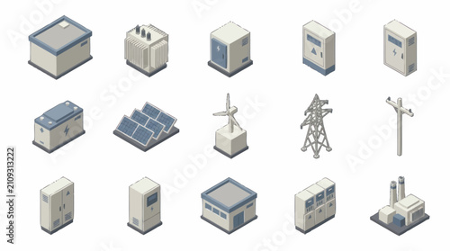 Isometric industrial infrastructure and power generation icons set.