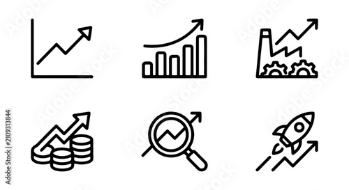 Growth Icons, Finance Charts, Business Rocket, Analytics Magnifier, Vector Set