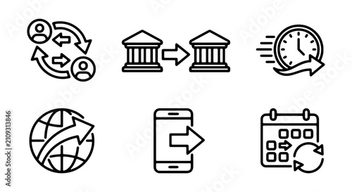 Business Finance Icons: Banking, Global Transactions, Mobile Payments, Time Management, Scheduling