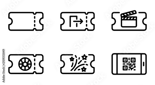 Vector Ticket Icons: Entry, Cinema, Casino, Fireworks, QR Code, Event Pass