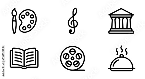 Art Palette, Music Note, Building, Book, Film Reel, Food Icons: Creative Culture & Lifestyle Symbols