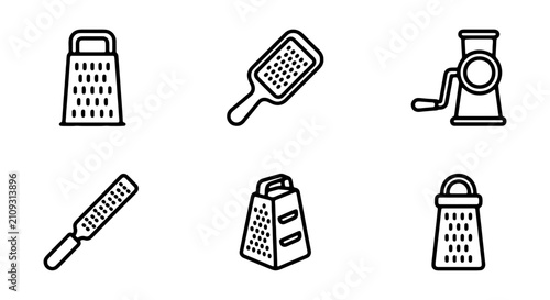 Kitchen Grater Icons Set, Food Preparation Tools, Cooking Utensils, Vector Graphics