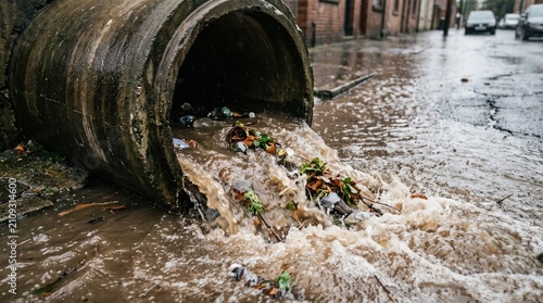 Overflowing urban storm drain pouring muddy water, plastic debris, and trash onto a flooded city street