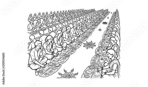 Diwali Communal Feast and Banquet Line Art Illustration