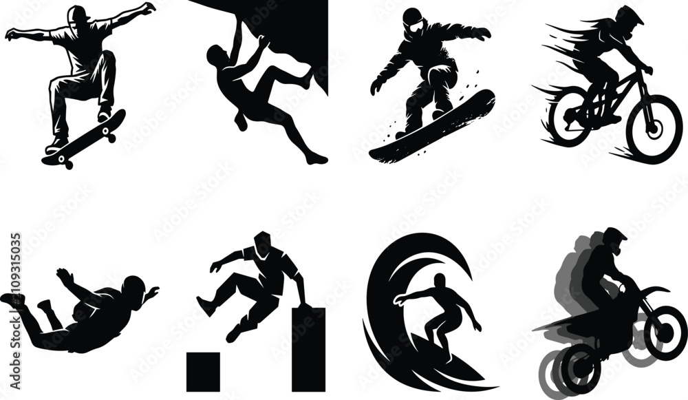 Fototapeta premium Extreme Sports Silhouette Icon Set with Skateboarding Rock Climbing Snowboarding and Motocross