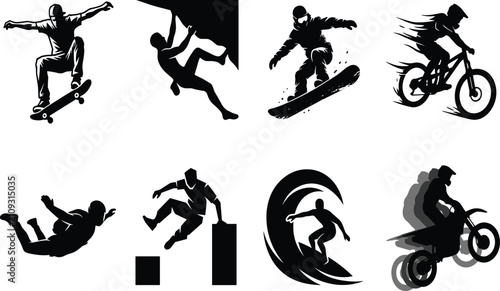 Cuadro en lienzo Extreme Sports Silhouette Icon Set with Skateboarding Rock Climbing Snowboarding