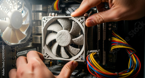 Hands removing a heavily dusty CPU cooler from a computer motherboard. Close-up of dirty hardware components needing maintenance and cleaning. Computer repair and hardware service concept.