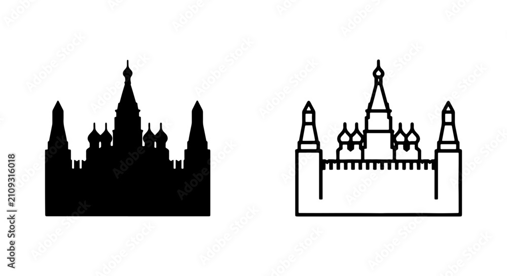 Fototapeta premium Russian Kremlin Landmark Icons, Moscow Architecture Silhouette, Travel Landmark Vector Art