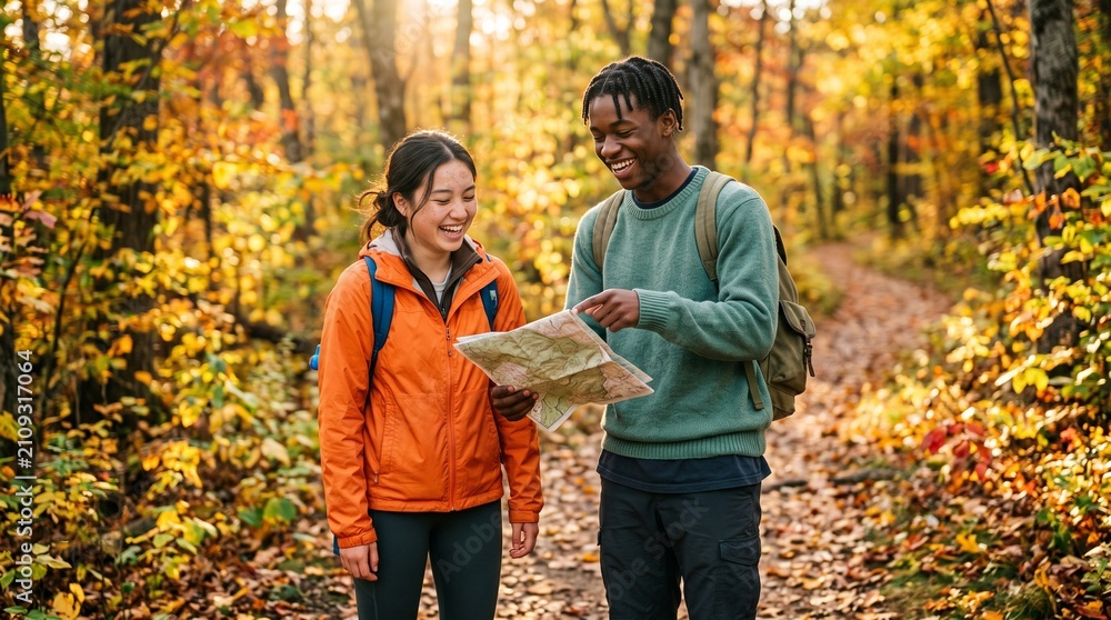 Naklejka premium Diverse young couple hiking and looking at a map in an autumn forest.