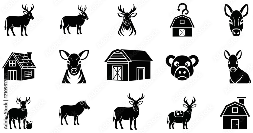 Obraz premium Black and white vector graphic illustration featuring various farm animals and rustic wooden barn buildings