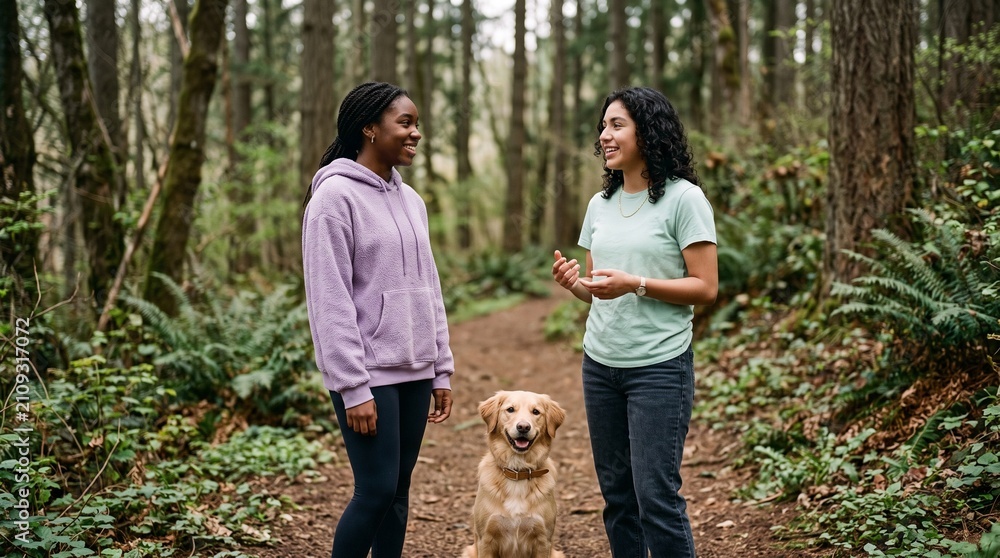 Fototapeta premium Diverse young women talking with golden retriever dog on forest trail.