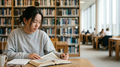 Young Asian woman studying textbooks and taking notes at wooden table in public library.
