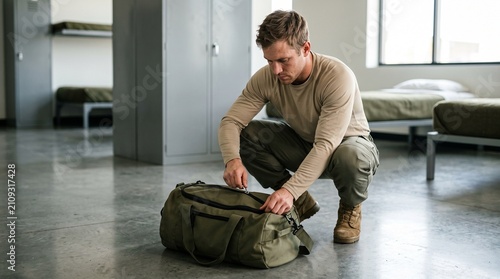 Young male soldier packing a green duffel bag in military barracks.