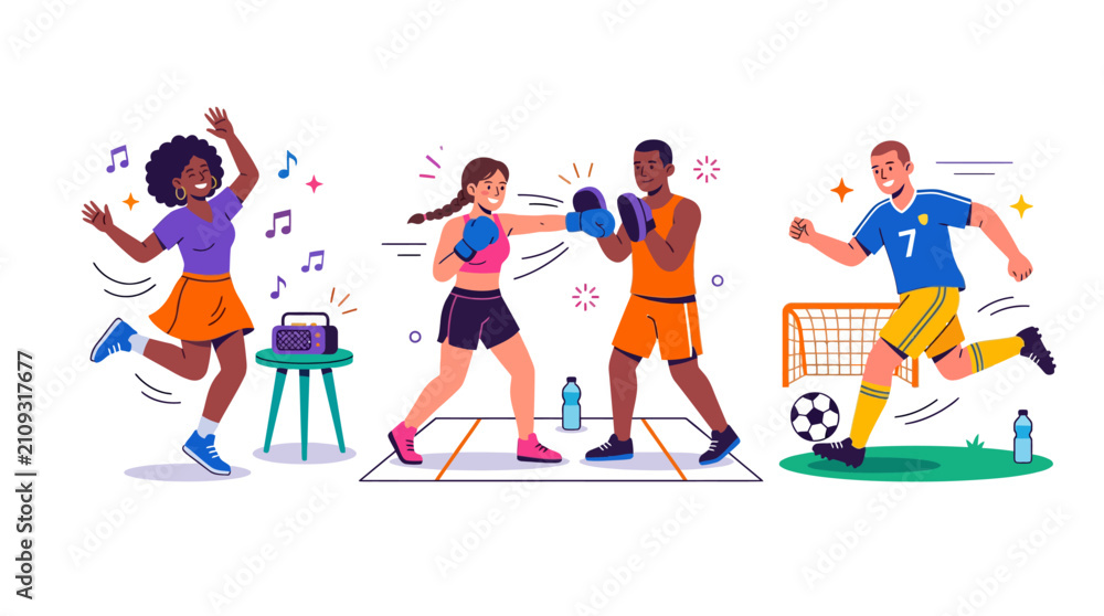 Fototapeta premium Diverse people enjoying various sports and activities: dancing, boxing, and soccer.