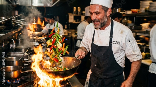 A passionate chef expertly tosses vegetables in a wok over an open flame, creating a dramatic culinary display in a bustling professional kitchen.