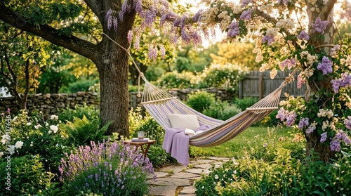 Serene garden hammock strung between trees with blooming flowers and soft sunlight