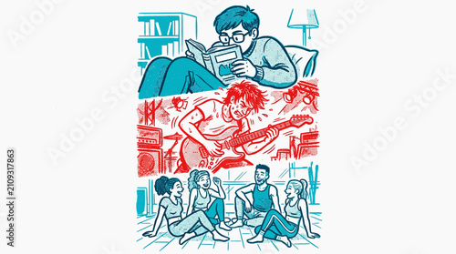 Diverse young adults enjoying hobbies: reading, music, social gathering