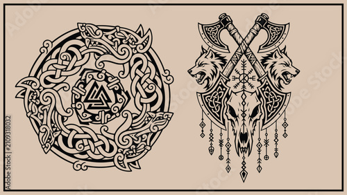 Valknut shield and Viking wolf emblem with crossed axes, Norse knotwork vector illustration