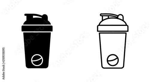 Protein Shaker Bottle Icons, Black and White Vector Graphics for Fitness and Health