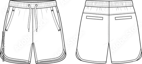 Foto Technical flat sketch of a men activewear sports shorts with elastic drawstring