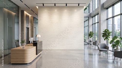 Corporate office reception wall mockup. Empty interior lobby with blank branding space.