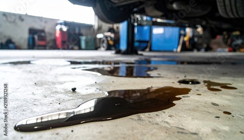 Oil Spill on Garage Floor with Car Lift and Tools in Background of Auto Repair Shop