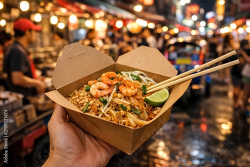 hand holding pad thai stir fried noodles with shrimp in paper box at night street food market.