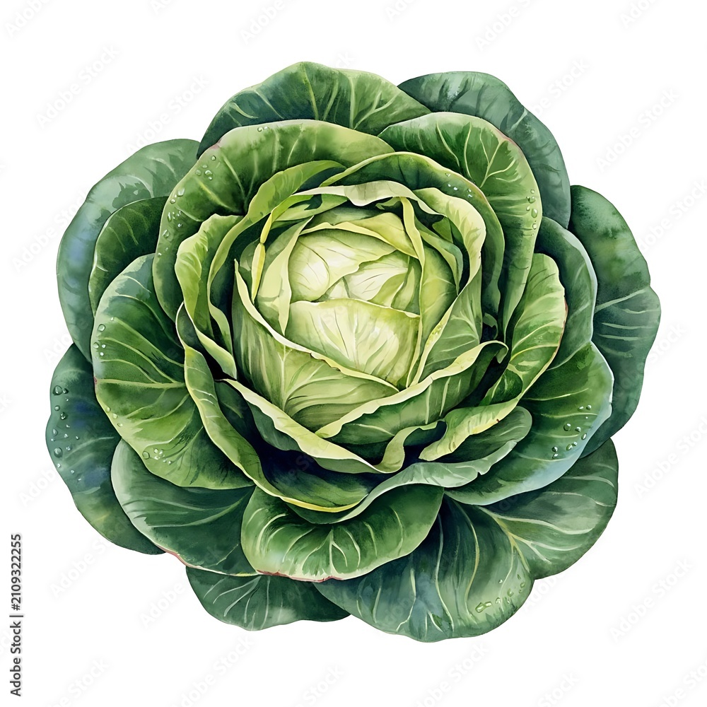 Fototapeta premium Fresh green cabbage head. Realistic watercolor botanical vegetable illustration.