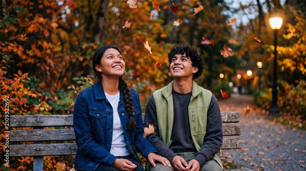 Fototapeta premium Happy young Hispanic couple sitting on a park bench looking at falling autumn leaves.