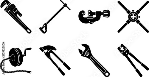 Bild auf Leinwand Plumbing tools and equipment vector black silhouette icon set isolated on white
