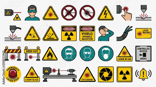 Dynamic Laser Safety Icons Collection Vibrant Warning Symbols Lab Equipment Protective Gear and Hazard Alerts