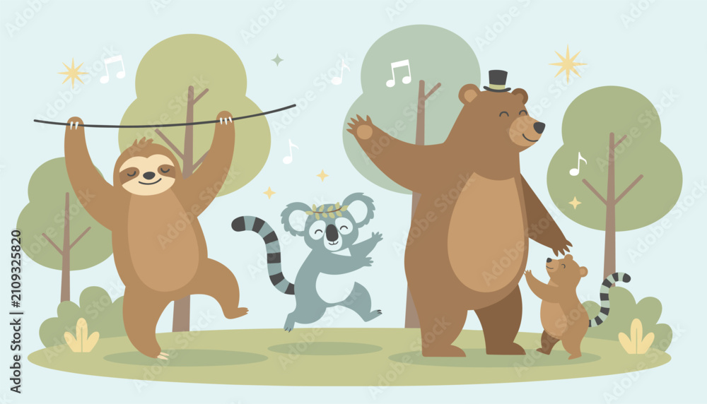 Obraz premium Group of happy woodland animals including a sloth, koala, and bears dancing and listening to music in the forest.