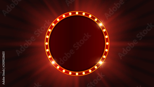 Round Retro Light Bulb Sign Frame Vector with Glowing Marquee Circle Border for Vintage Cinema Carnival and Advertising Display