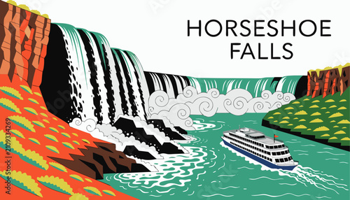 Schilderij op canvas Very beautiful realistic vector illustration of HORSESHOE FALLS WITH MIST BOAT f
