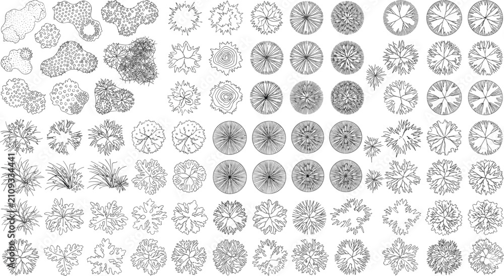 Obraz premium Top View Plant and Tree Symbols for Landscape Architecture and Garden Design Plans