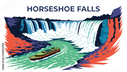 Bild auf Leinwand Very beautiful realistic vector illustration of HORSESHOE FALLS WITH MIST BOAT f