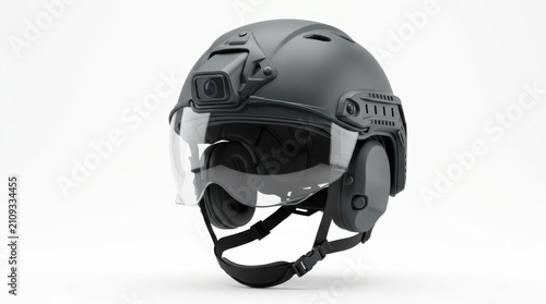 Advanced tactical helmet with integrated camera and visor on white background