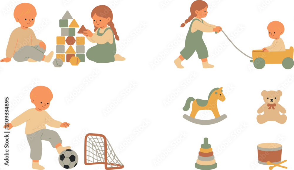 Fototapeta premium Cute Toddlers and Babies Playing with Toys Illustration Set Featuring Kids with Wooden Blocks, Pull Wagon, Soccer Ball, and Retro Nursery Playroom Vectors