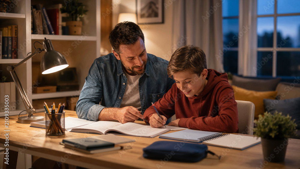 Obraz premium Father helps son with homework at a desk in a cozy room during the evening