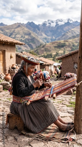 An elderly indigenous woman, adorned in traditional attire and hat, diligently weaving a colorful textile outdoors in a rustic village with mountainous backdrop.