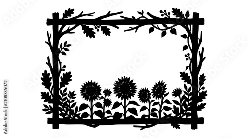 Rustic Nature Frame with Sunflowers and Branches Silhouette