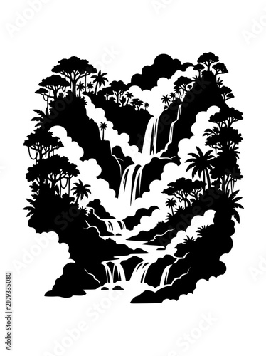 Tropical Jungle Waterfall Landscape Silhouette Illustration