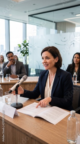 A woman in a suit speaks into a microphone at a conference table with other attendees present. She is pointing to a document in front of her, suggesting she is presenting or leading a discussion.
