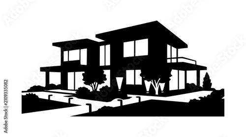 Silhouette of a modern two-story luxury home with garden and walkway