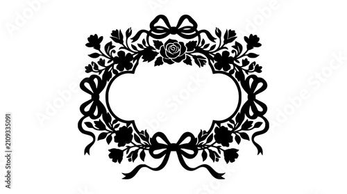 Vintage black floral frame silhouette with roses and decorative bows