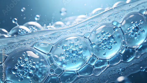 A microscopic visualization showing the interaction between the hyaluronic acid molecular network and pure water molecules within healthy skin tissue.