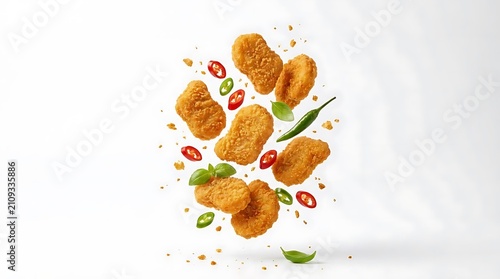 Floating chicken nuggets with spicy peppers on white background.